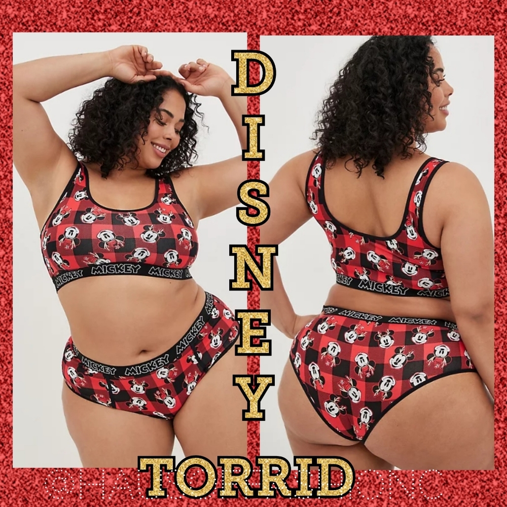 TORRID 2 PIECE Disney Set Mickey Mouse Red Plaid Holiday Bralette + Panty! NWT!
